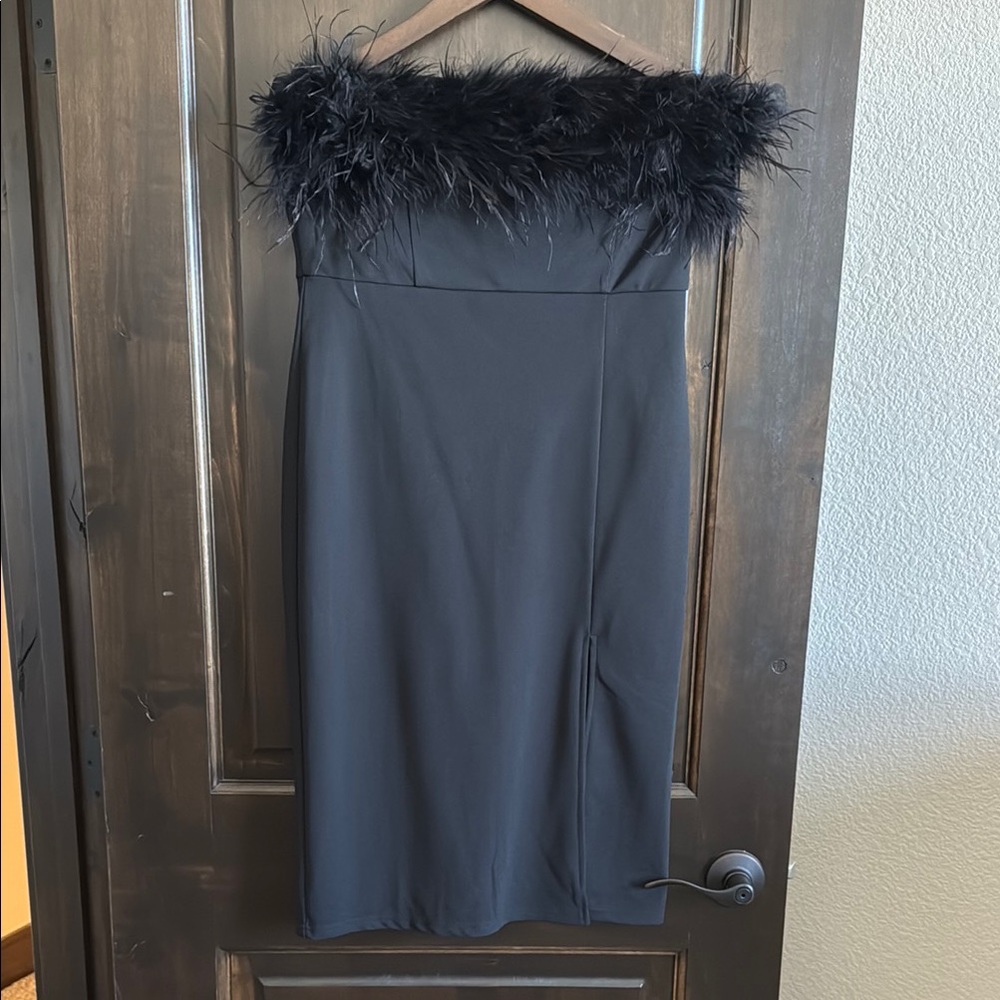 New Without Tags Black Strapless Dress with Feather Trim